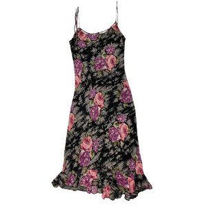 Vintage 90s Cocktail Dress Black Pink Floral Print Beaded Sequin Size Small